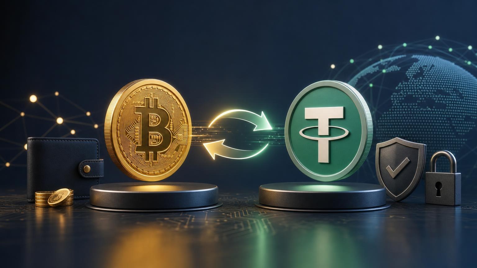 A Bitcoin-to-USDT exchange screen with the amount, quoted rate, fees, destination network, and wallet address ready for verification